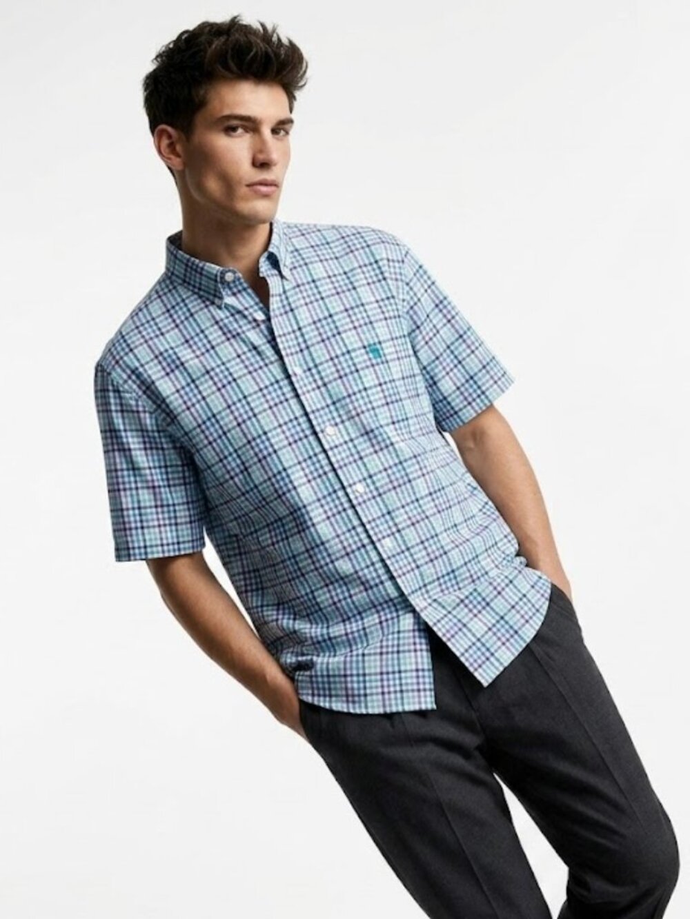 U.S. Polo Assn Men’s Plaid Button‑Down Shirt Blue White Gray Short Sleeve Sze 2X